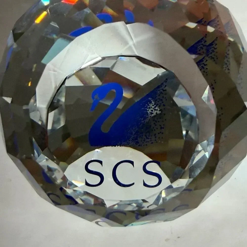 Swarovski SCS Crystal Paperweight Blue Swan Logo Faceted 2